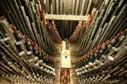 An inside view of the pipes of an Aeolian organ in the historic mansion of the George Eastman Museum