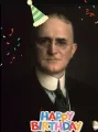 Historic photo of George Eastman with the added images of a birthday hat and confetti