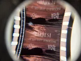 Magnified motion picture film strip depicting an ocean scene overlaid with the words Pardesi, An Indo-Soviet Production